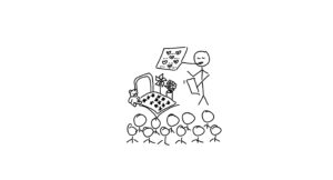 Ein Strichmännchen hält neben einem Grabrede eine Rede voller Liebe